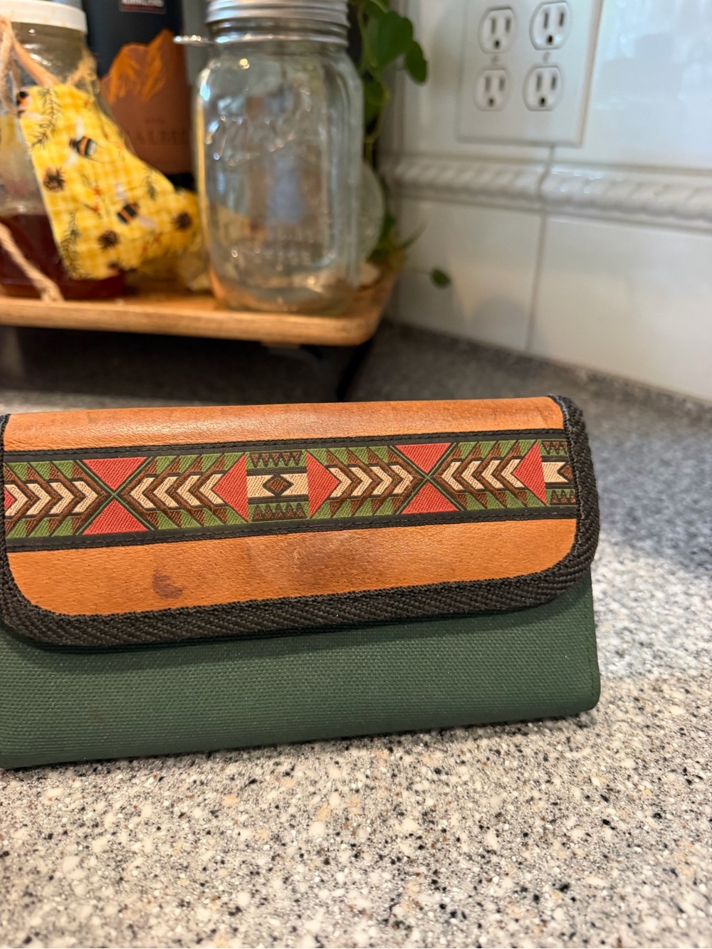 Women's Green Canvas & Tan Leather Tri-Fold Wallet with Aztec Accent